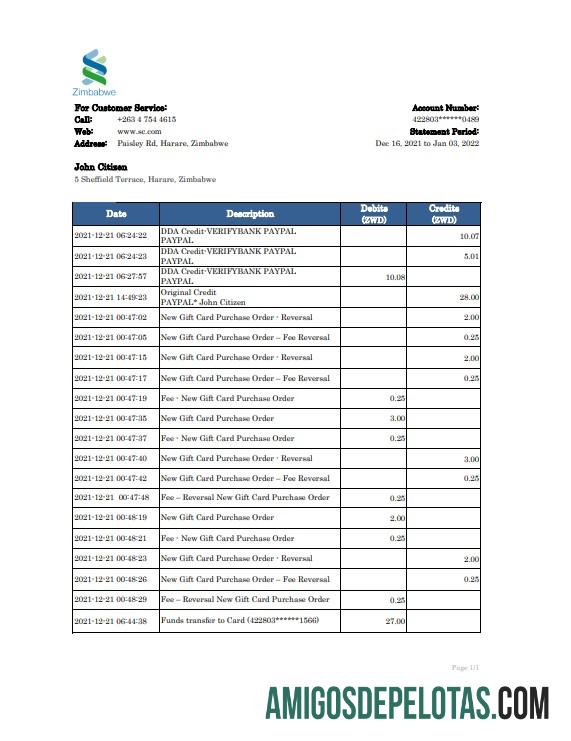 Extrato bancário Standard Chartered do Zimbábue para download, modelo Excel e PDF